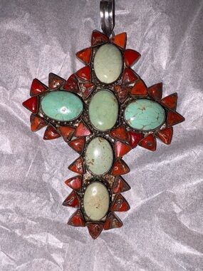 Turquoise and Coral Cross Pendant